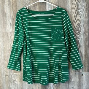 Talbots green and white striped top, L